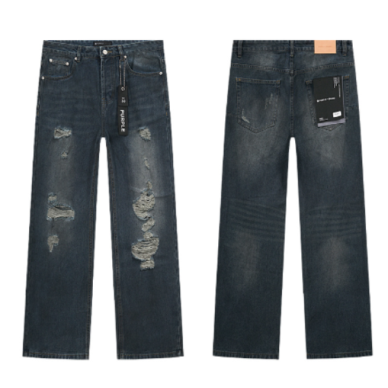 Dark Blue Washed Wide-Leg Denim Jeans with Heavy Knee Distressing